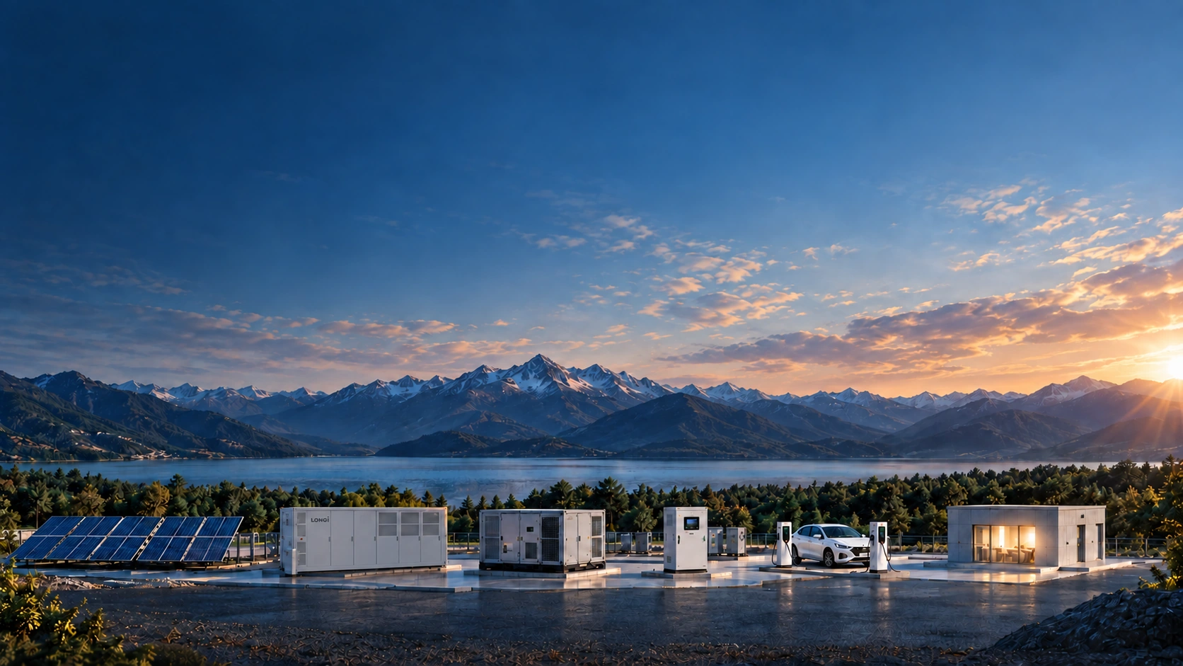 A lakeside microgrid at sunset with solar panels, a LONGi OneNexus M20, a diesel generator, a meter, EV chargers and a building.